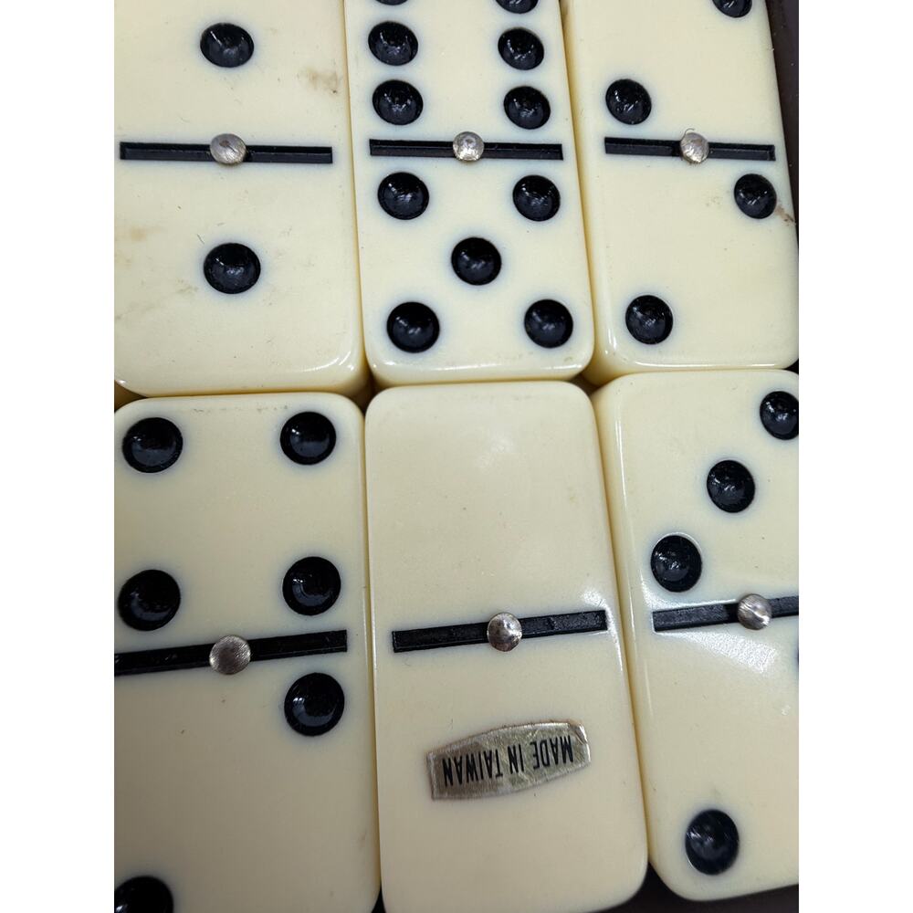 Vintage Double Six Dominoes Set Faux Ivory Black Dots Retro Game Carrying Case - Picture 4 of 5
